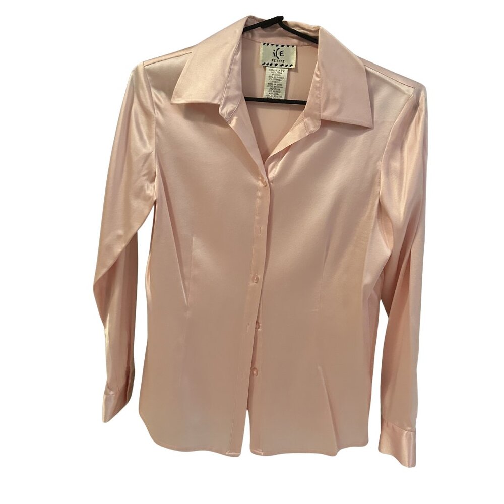 ICE Petite Silk Blouse Pink Button Front Stretch Silk Shirt Petite Small